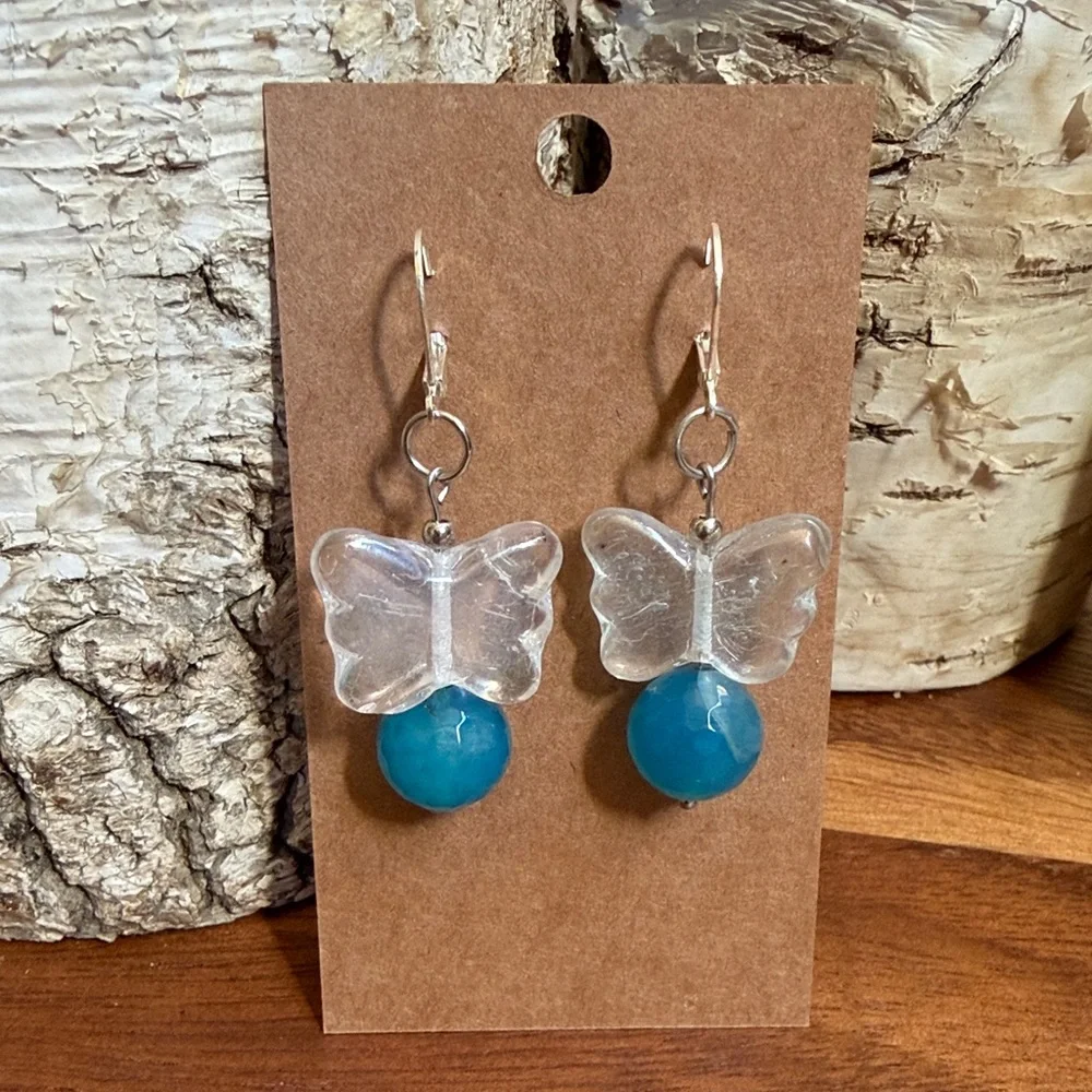 Artisan Glass Butterfly Earrings Blue Stone Vintage Bead Dangle - Picture 3 of 7